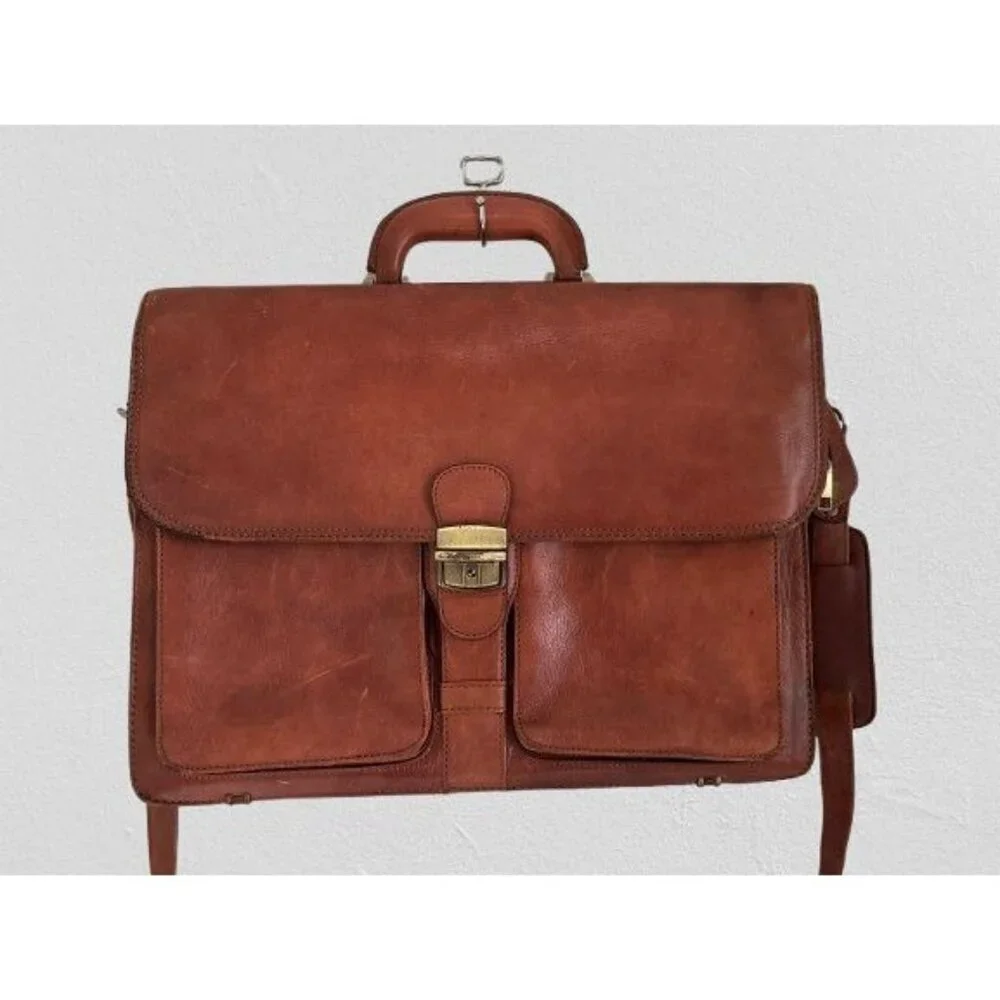 Vintage Orna Brown Leather Briefcase With Detachable Strap & Brass Hardware